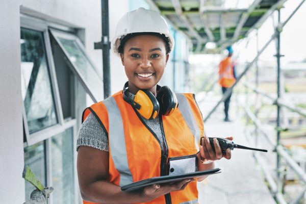 Portrait,Of,Proud,Black,Construction,Worker,Leading,With,Power,While